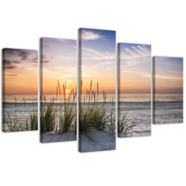 Quadro su tela 5 paneli Tramonto sulla spiaggia -...