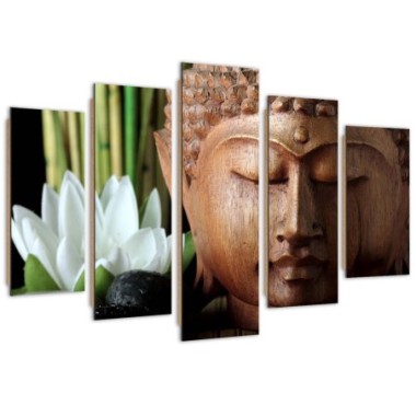 Quadro deco panel 5 parti, Buddha e fiore bianco -...