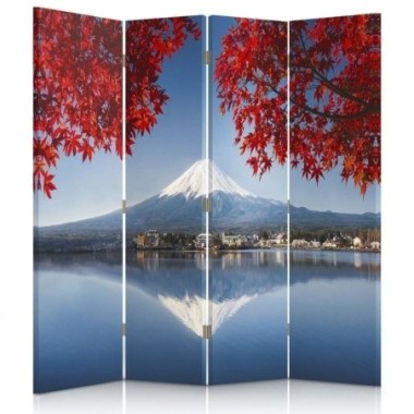Paravento bilaterale, Fuji e foglie rosse - 145x170