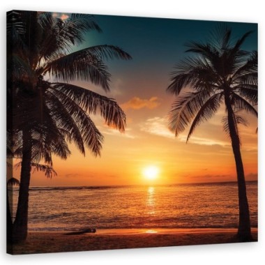 Quadro su tela, Palme della spiaggia al tramonto -...