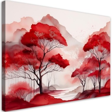 Quadro su tela, Rosso foresta paesaggio montagne -...