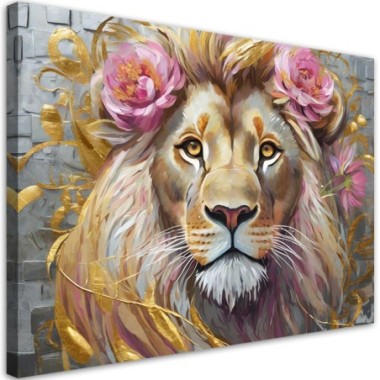 Quadro su tela, Leone Fiori Animali - 60x40