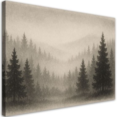 Quadro su tela, Alberi Foresta Nebbia Beige - 90x60