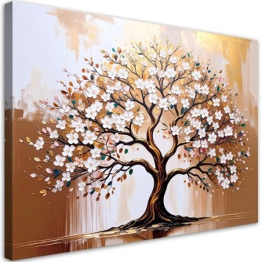Quadro su tela, Albero della vita con fiori beige -...