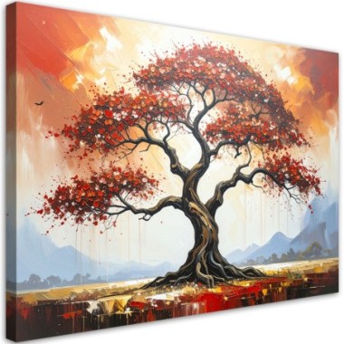 Quadro su tela, Albero della vita rosso Paesaggio -...