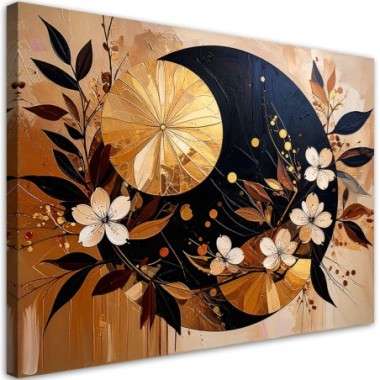 Quadro su tela, Astrattismo Cerchi Foglie Fiori Oro...