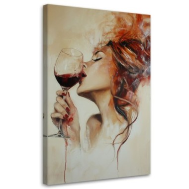 Quadro su tela, Bella donna con vino rosso...