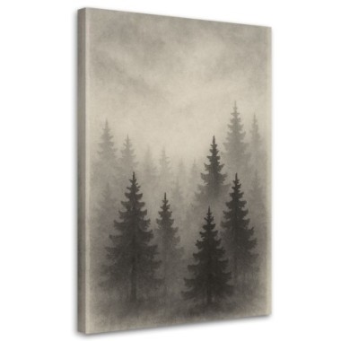 Quadro su tela, Bosco Alberi Nebbia Grigio...