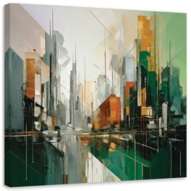 Quadro su tela, Città  astratta geometrica verde -...