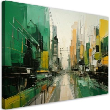 Quadro su tela, Città  astratta in verde e giallo -...