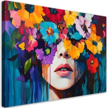 Quadro su tela, Donna con fiori colorati in testa -...
