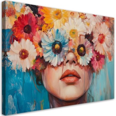 Quadro su tela, Donna con fiori colorati in testa -...