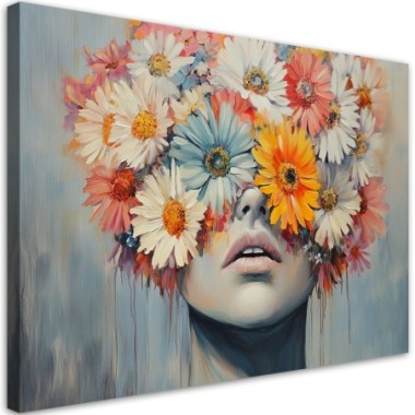 Quadro su tela, Donna con fiori in testa - 90x60