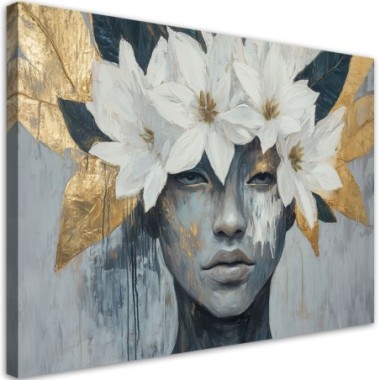 Quadro su tela, Donna con fiori in testa Grigio Oro...