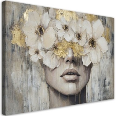 Quadro su tela, Donna Fiori Beige dorato - 60x40