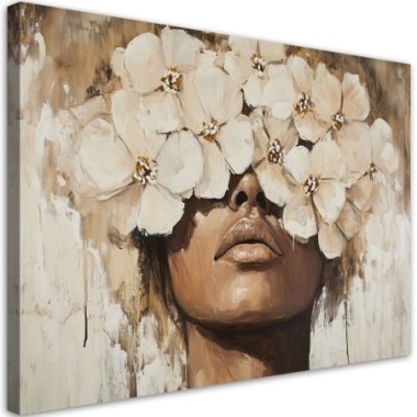 Quadro su tela, Donna Fiori in testa Beige - 100x70