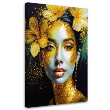 Quadro su tela, Donna Foglie dorate Ritratto...