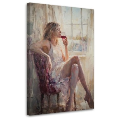 Quadro su tela, Donna pensierosa con un bicchiere di...