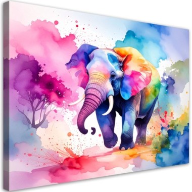 Quadro su tela, Elefante colorato Safari Acquerello...