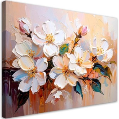 Quadro su tela, Fiori bianchi dipinti in beige - 100x70