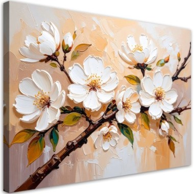 Quadro su tela, Fiori color crema imitazione pittura...