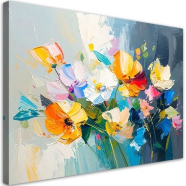 Quadro su tela, Fiori colorati imitazione pittura ad...