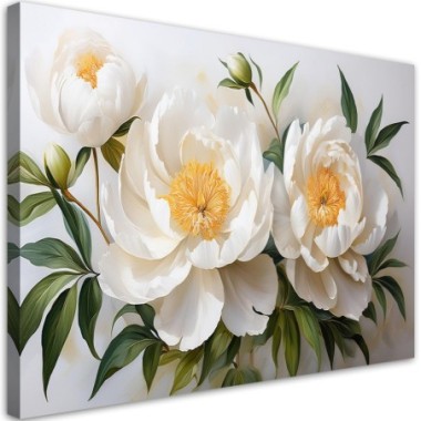 Quadro su tela, Fiori di peonia bianchi trapuntati -...
