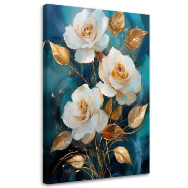 Quadro su tela, Fiori rosa bianchi e oro su sfondo...