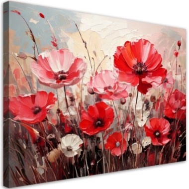 Quadro su tela, Fiori rossi e rosa di campo - 60x40