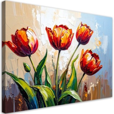 Quadro su tela, Fiori rossi Tulipani su sfondo beige...