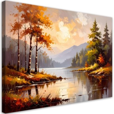 Quadro su tela, Fiume Alberi Paesaggio montano - 90x60