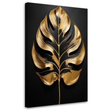 Quadro su tela, Foglia di monstera in bianco e oro -...