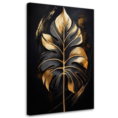 Quadro su tela, Foglia di monstera in bianco e oro -...