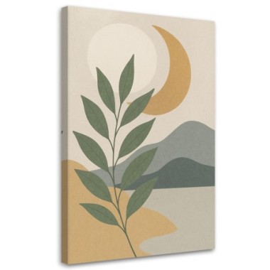 Quadro su tela, Foglia Luna Minimalismo Beige Grigio...