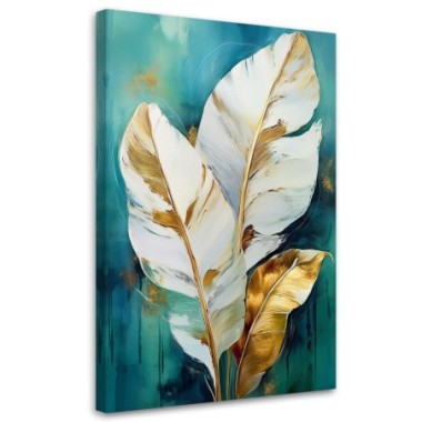 Quadro su tela, Foglie bianche e oro su sfondo...