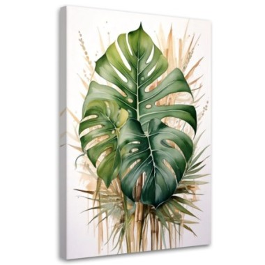 Quadro su tela, Foglie di monstera acquerello verde...