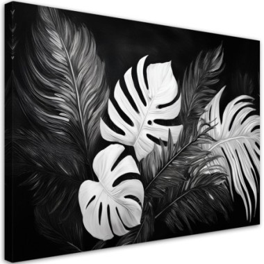 Quadro su tela, Foglie di monstera in bianco e nero...