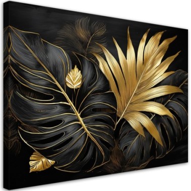 Quadro su tela, Foglie di monstera oro e nere - 100x70