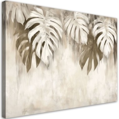 Quadro su tela, Foglie di monstera pendenti beige -...