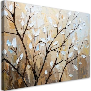 Quadro su tela, Foglie Rametti in beige - 120x80