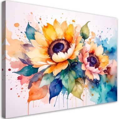 Quadro su tela, Girasoli Fiori Acquerello - 60x40