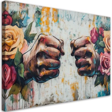 Quadro su tela, Graffiti Pugno Fiori Street Art - 60x40