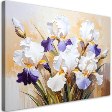 Quadro su tela, Iris bianchi Fiori su sfondo beige...