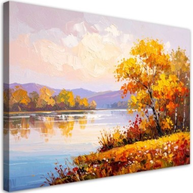 Quadro su tela, Lago Paesaggio Alberi dipinti - 60x40