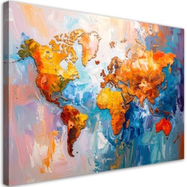 Quadro su tela, Mappa del mondo colorata - 90x60