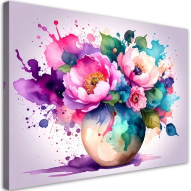Quadro su tela, Mazzo di fiori colorati Acquerello -...