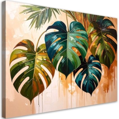 Quadro su tela, Monstera Foglie effetto vernice -...