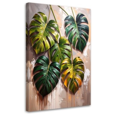 Quadro su tela, Monstera Foglie su sfondo dipinto -...