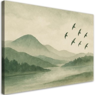 Quadro su tela, Montagne Fiume Uccelli Acquerello...