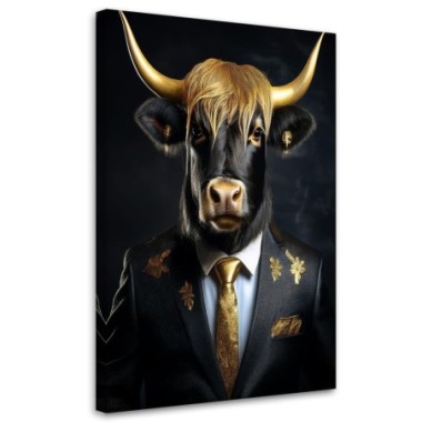 Quadro su tela, Mucca scozzese in giacca e cravatta...